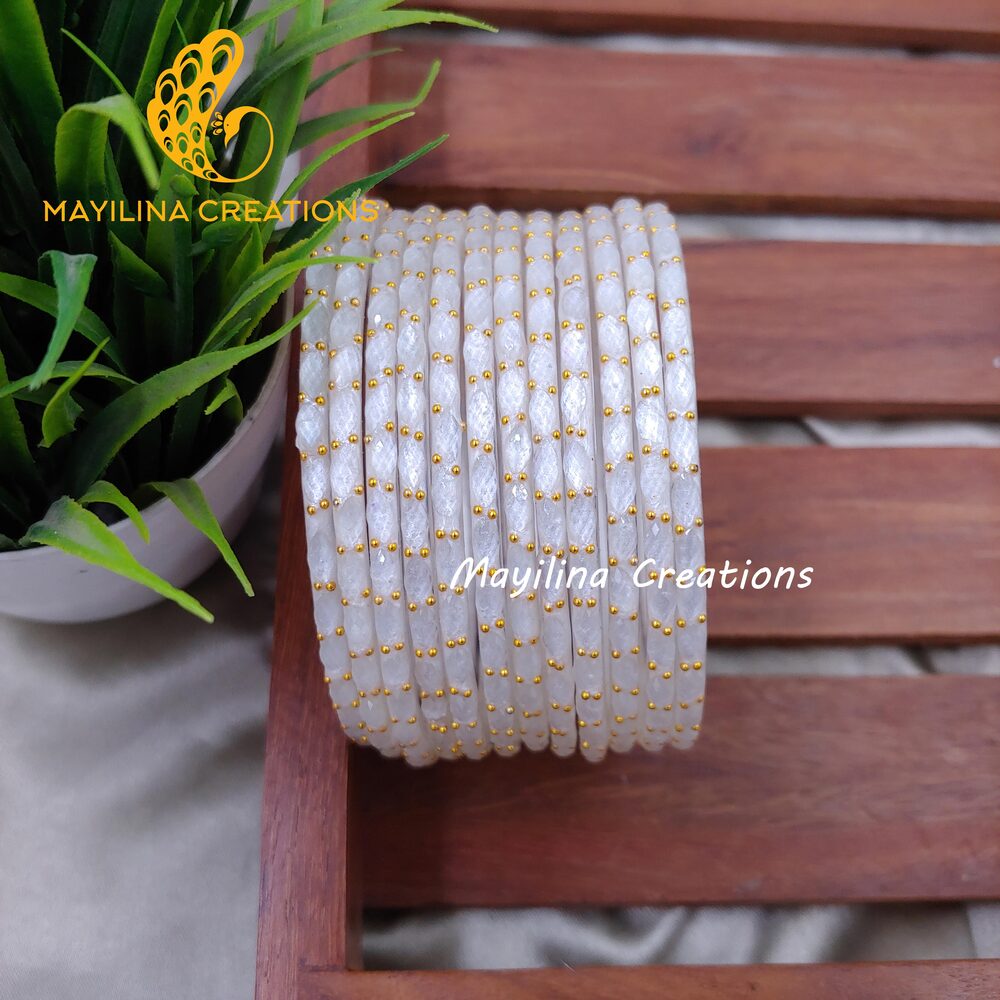 White Matte Raindrop Glass Bangles (Set of 12 Bangles)