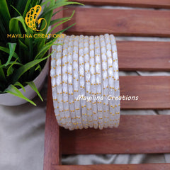 White Matte Raindrop Glass Bangles (Set of 12 Bangles)
