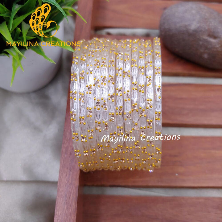 White Twinkle Designer Glass Bangles - Set of 12 Bangles