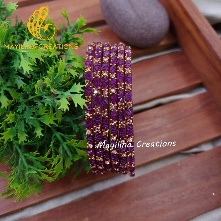 Wine Lotus Design Glass Bangles (Set of 6 bangles)
