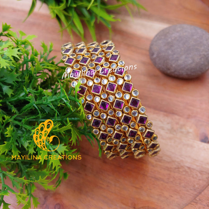 Wine Rhombus Pattern Golss with White Stone Kundan Silk Thread Bangles (Set of 4 Bangles)Multicolor