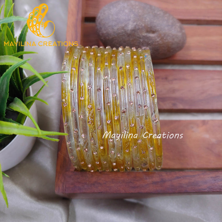Yellow Dual Tone Glass Bangles with Stone
