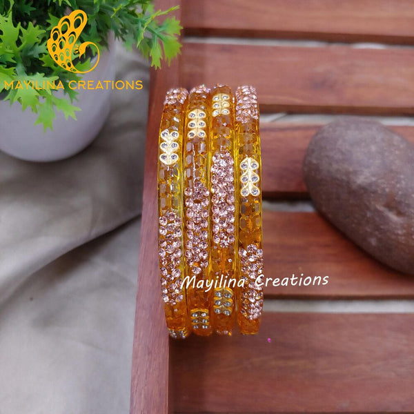 Yellow Glass Kada Bangles - Moni (Set of 4 Bangles)