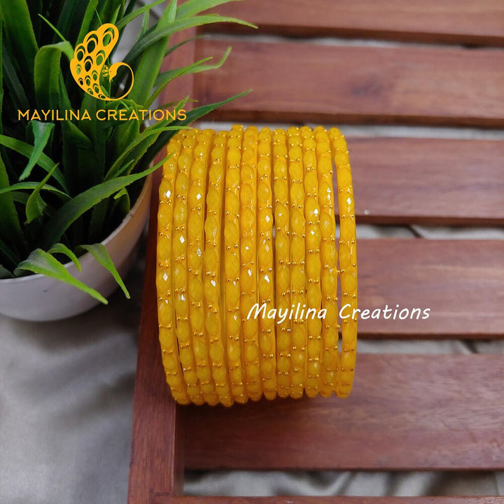 Yellow Matte Raindrop Glass Bangles (Set of 12 Bangles)